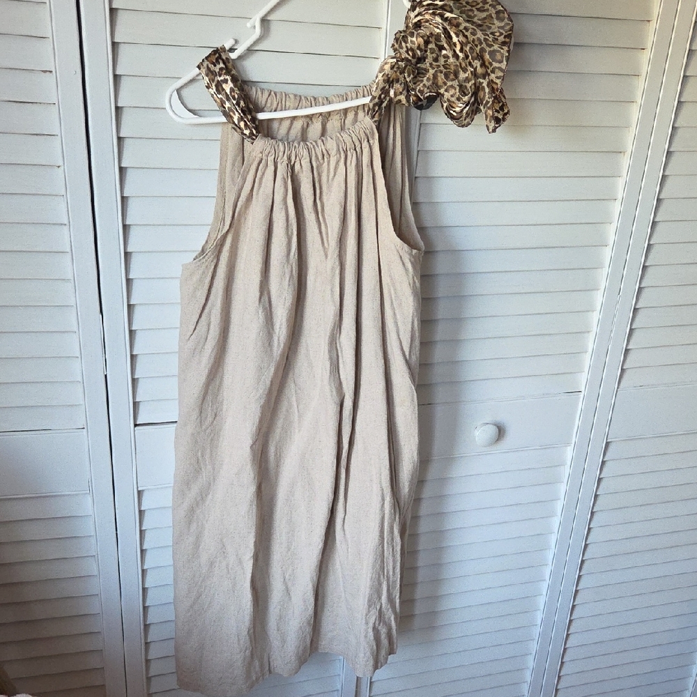 Beige Sleeveless Dress with Leopard Print Strap